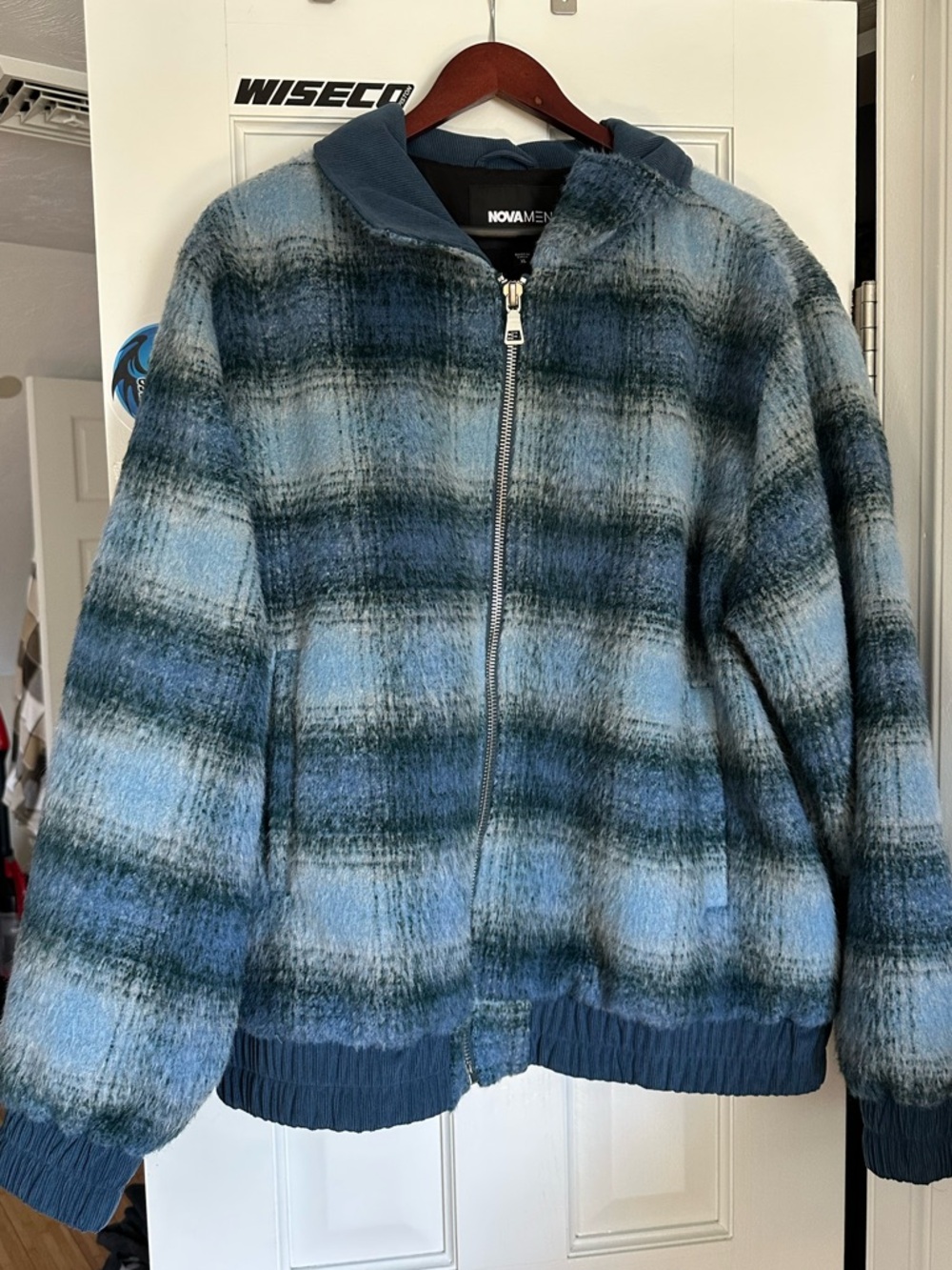 Fashion Nova Blue & Green Plaid Zip Bomber Jacket